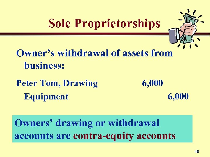 Sole Proprietorships Owner’s withdrawal of assets from business: Peter Tom, Drawing Equipment 6, 000