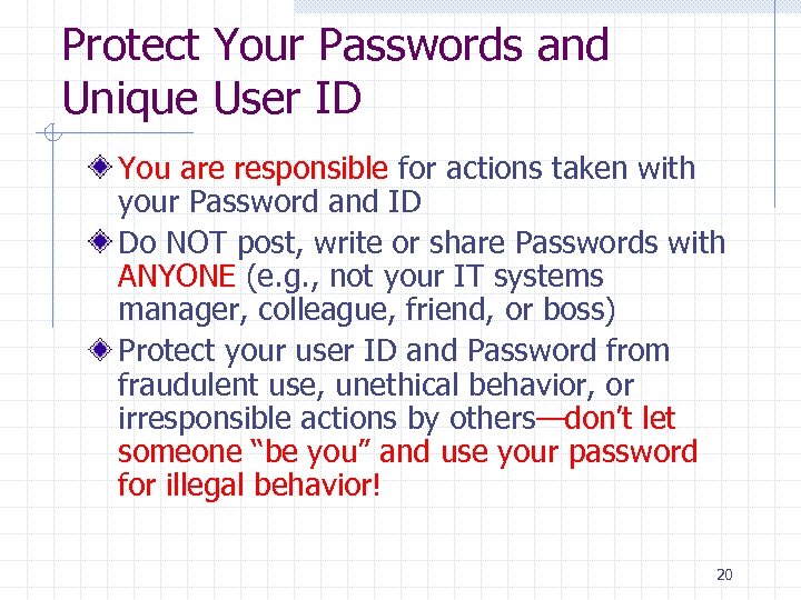 Protect Your Passwords and Unique User ID You are responsible for actions taken with