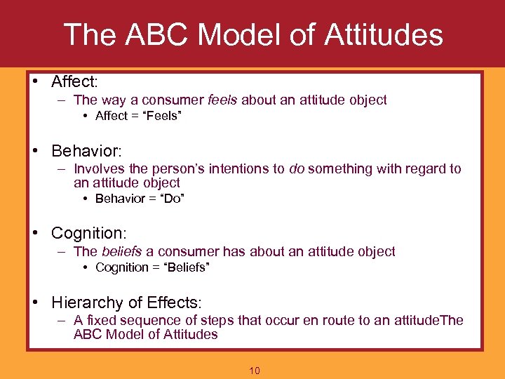 The ABC Model of Attitudes • Affect: – The way a consumer feels about