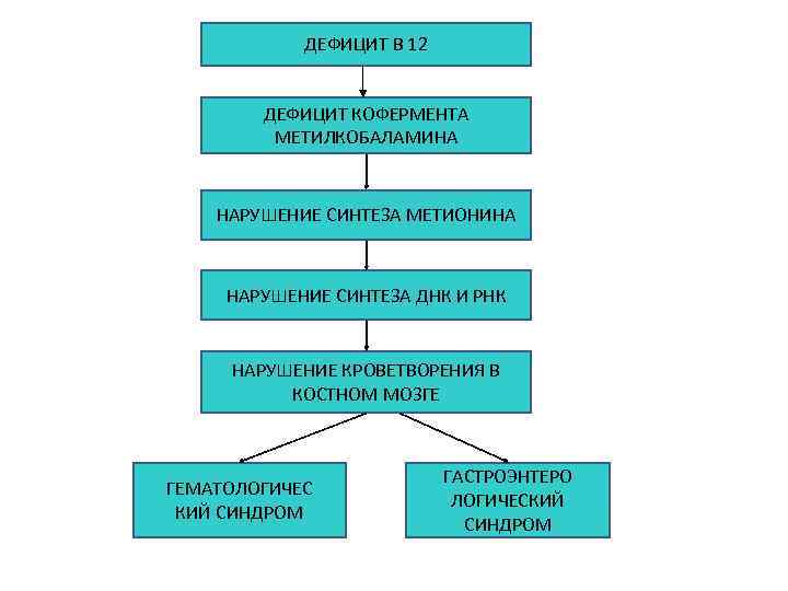 ДЕФИЦИТ В 12 ДЕФИЦИТ КОФЕРМЕНТА МЕТИЛКОБАЛАМИНА НАРУШЕНИЕ СИНТЕЗА МЕТИОНИНА НАРУШЕНИЕ СИНТЕЗА ДНК И РНК