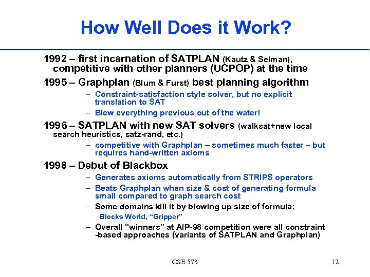 How Well Does it Work? 1992 – first incarnation of SATPLAN (Kautz & Selman),