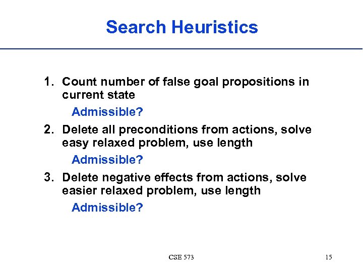Search Heuristics 1. Count number of false goal propositions in current state Admissible? 2.