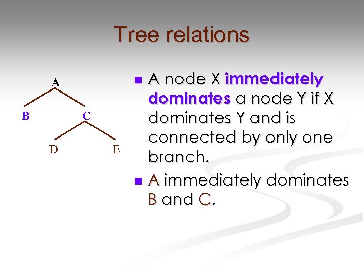 Tree relations B C D A node X immediately dominates a node Y if