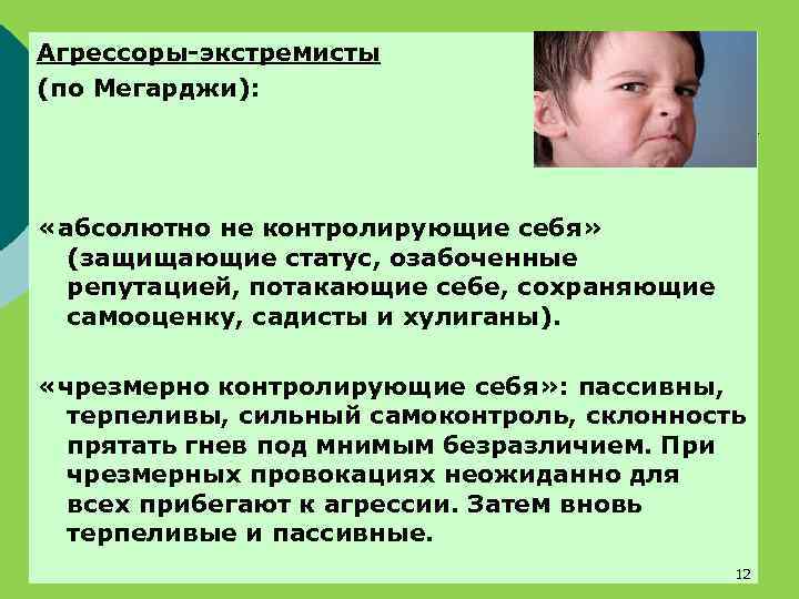 Агрессоры-экстремисты (по Мегарджи): «абсолютно не контролирующие себя» (защищающие статус, озабоченные репутацией, потакающие себе, сохраняющие