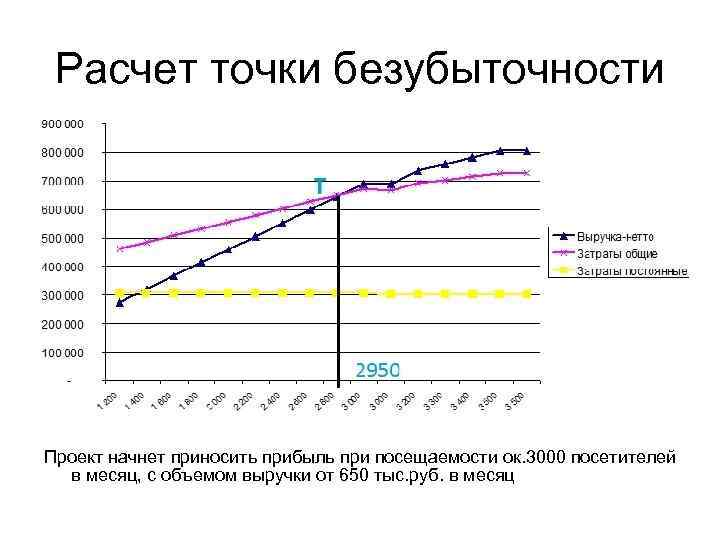 Расчет точки безубыточности Проект начнет приносить прибыль при посещаемости ок. 3000 посетителей в месяц,