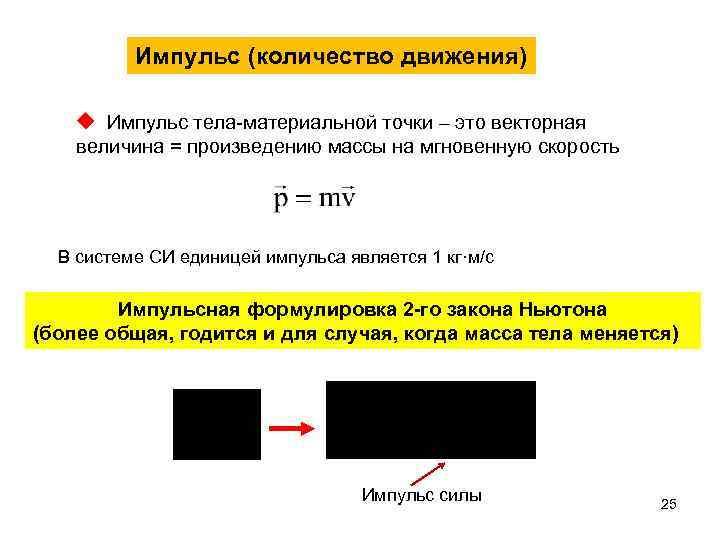 Импульс (количество движения) Импульс тела-материальной точки – это векторная величина = произведению массы на