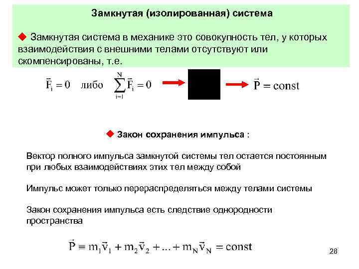 Замкнутая (изолированная) система Замкнутая система в механике это совокупность тел, у которых взаимодействия с