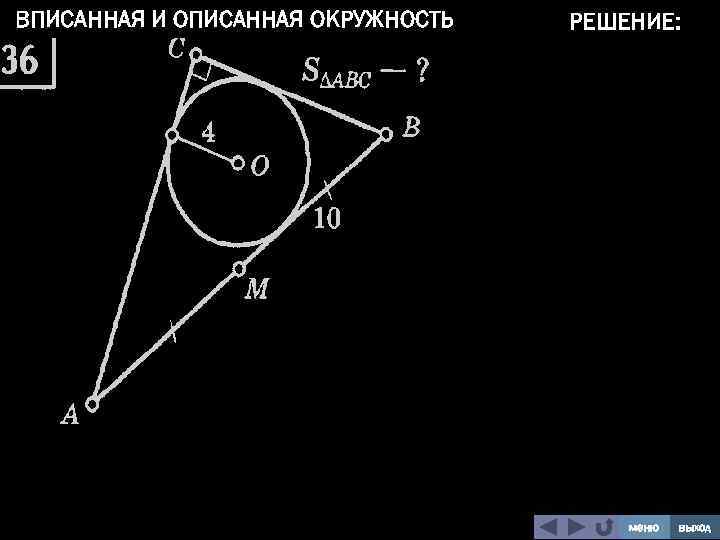 ВПИСАННАЯ И ОПИСАННАЯ ОКРУЖНОСТЬ РЕШЕНИЕ: меню выход 