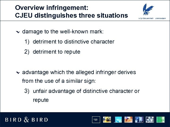 Overview infringement: CJEU distinguishes three situations damage to the well-known mark: 1) detriment to