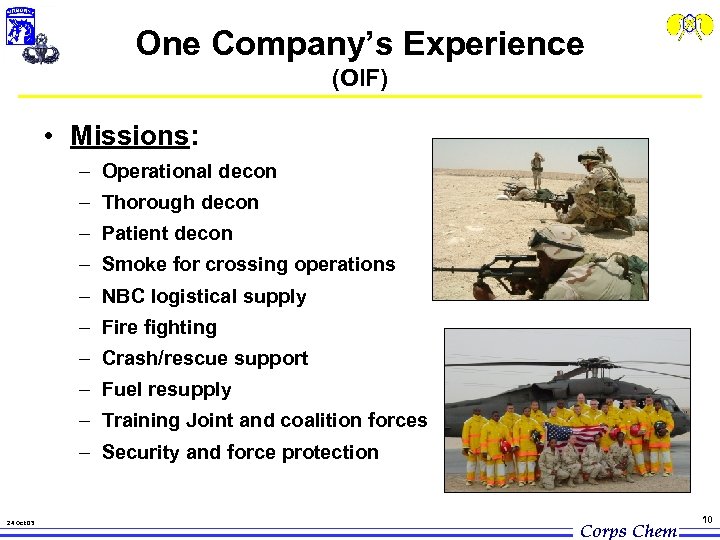 One Company’s Experience (OIF) • Missions: – Operational decon – Thorough decon – Patient