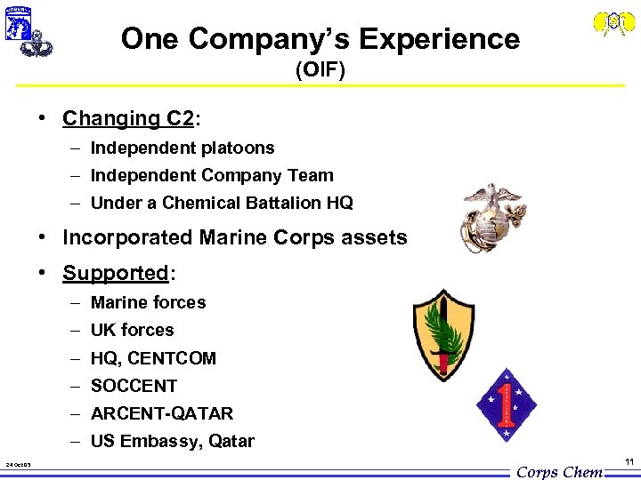 One Company’s Experience (OIF) • Changing C 2: – Independent platoons – Independent Company