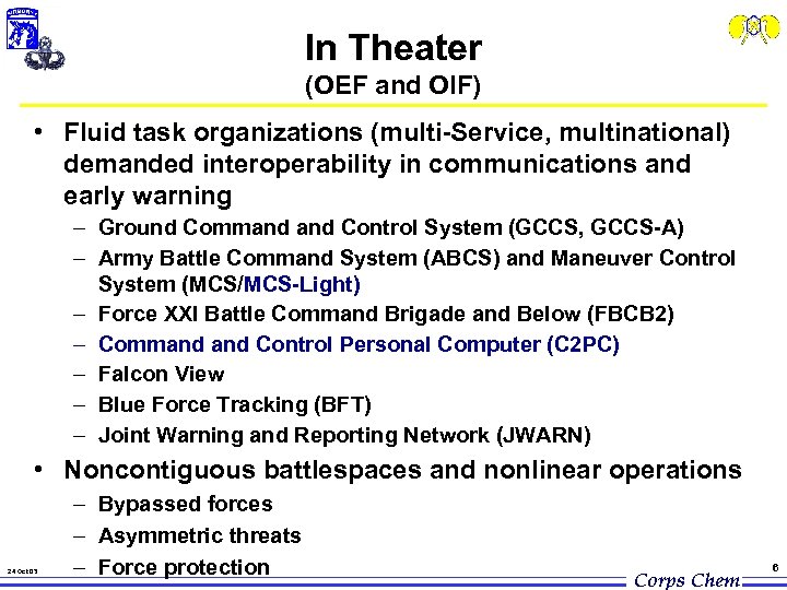 In Theater (OEF and OIF) • Fluid task organizations (multi-Service, multinational) demanded interoperability in