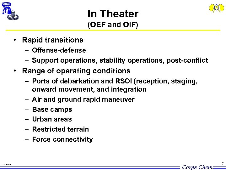 In Theater (OEF and OIF) • Rapid transitions – Offense-defense – Support operations, stability
