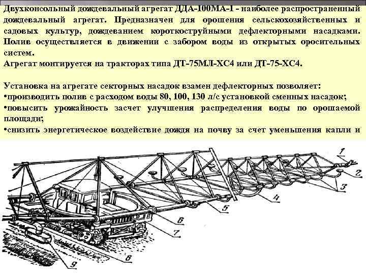 Двухконсольный дождевальный агрегат ДДА-100 МА-1 - наиболее распространенный дождевальный агрегат. Предназначен для орошения сельскохозяйственных