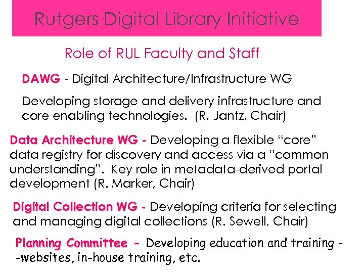 Rutgers Digital Library Initiative ALA / ALCTS Role of RUL Faculty and Staff DAWG