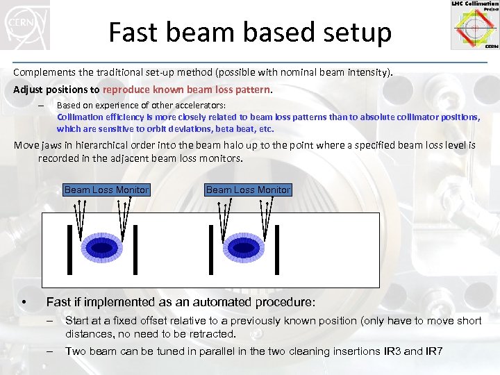 Fast beam based setup Complements the traditional set-up method (possible with nominal beam intensity).