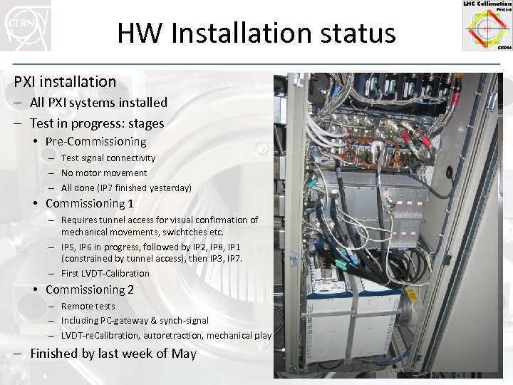 HW Installation status PXI installation – All PXI systems installed – Test in progress: