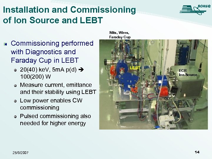 Installation and Commissioning of Ion Source and LEBT Slits, Wires, Faraday Cup Commissioning performed
