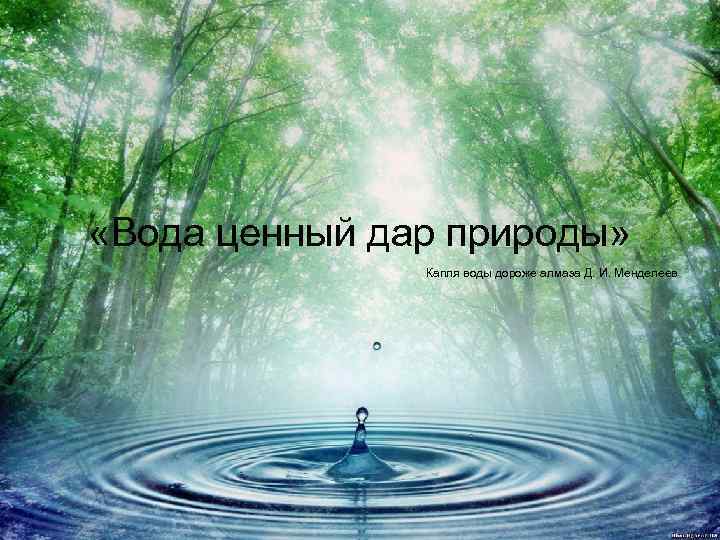  «Вода ценный дар природы» Капля воды дороже алмаза Д. И. Менделеев 