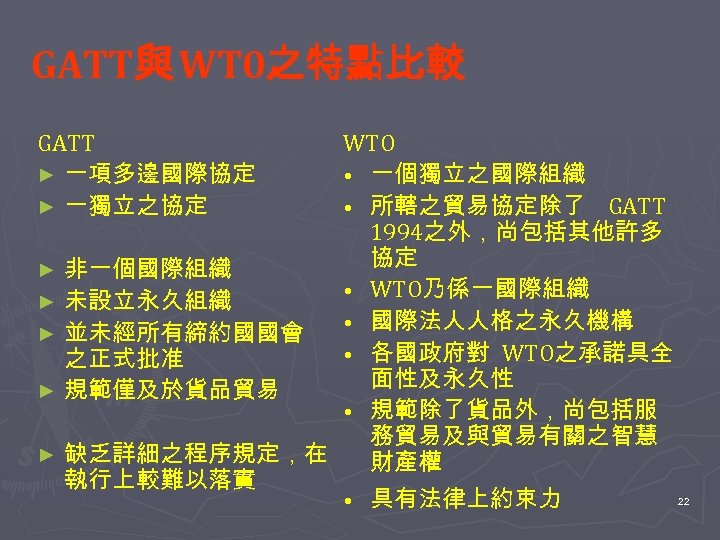 GATT與 WT 0之特點比較 GATT ► 一項多邊國際協定 ► 一獨立之協定 WTO • 一個獨立之國際組織 • 所轄之貿易協定除了 GATT