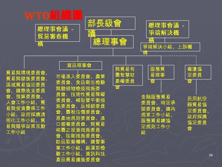 WTO組織圖 總理事會議 貿易審查機 構 部長級會 議 總理事會 貨品理事會 貿易與環境委員會、 貿易與發展委員會、 區域貿易協定委員 會、國際收支委員 會、預算委員會、 入會