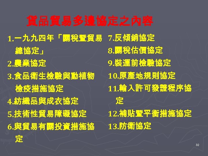 貨品貿易多邊協定之內容 1. 一九九四年「關稅暨貿易 7. 反傾銷協定 8. 關稅估價協定 總協定」 2. 農業協定 9. 裝運前檢驗協定 3. 食品衛生檢驗與動植物