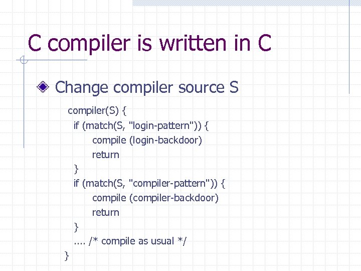C compiler is written in C Change compiler source S compiler(S) { if (match(S,
