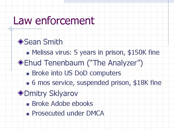 Law enforcement Sean Smith n Melissa virus: 5 years in prison, $150 K fine