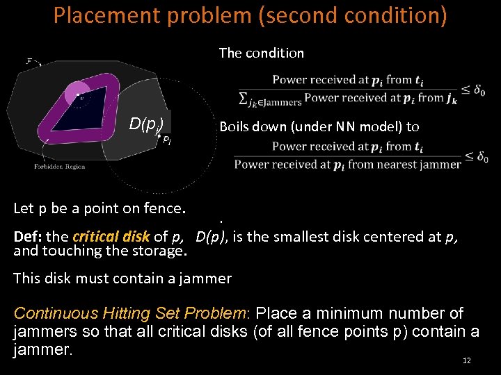 Placement problem (secondition) The condition D(pj) pj Let p be a point on fence.