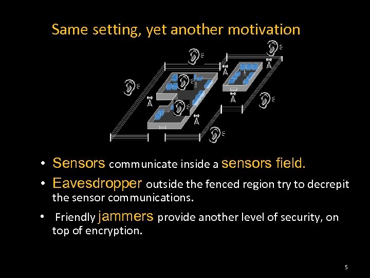 Same setting, yet another motivation • Sensors communicate inside a sensors field. • Eavesdropper