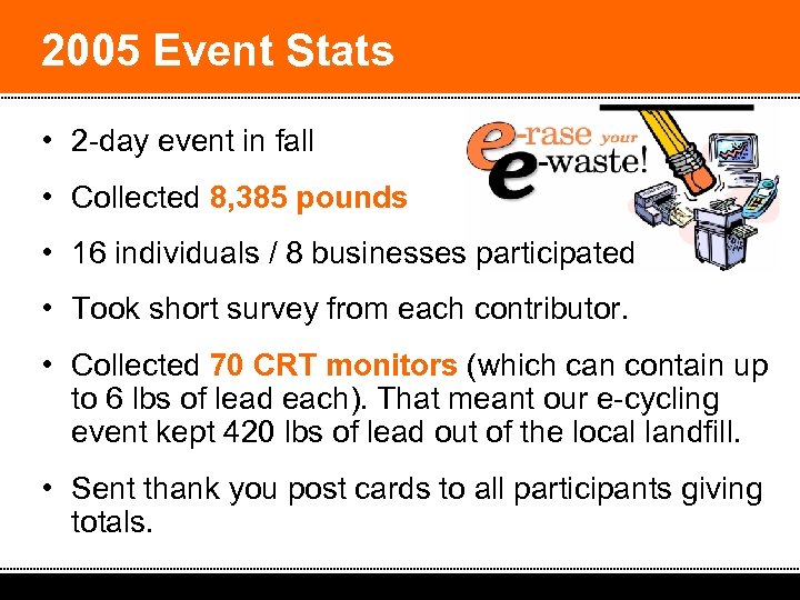 2005 Event Stats • 2 -day event in fall • Collected 8, 385 pounds