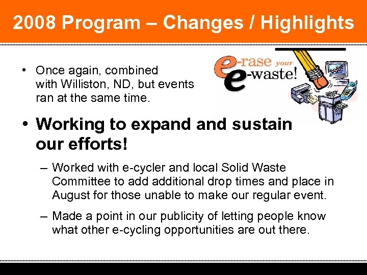 2008 Program – Changes / Highlights • Once again, combined with Williston, ND, but