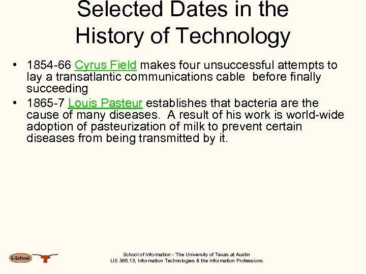 Selected Dates in the History of Technology • 1854 -66 Cyrus Field makes four
