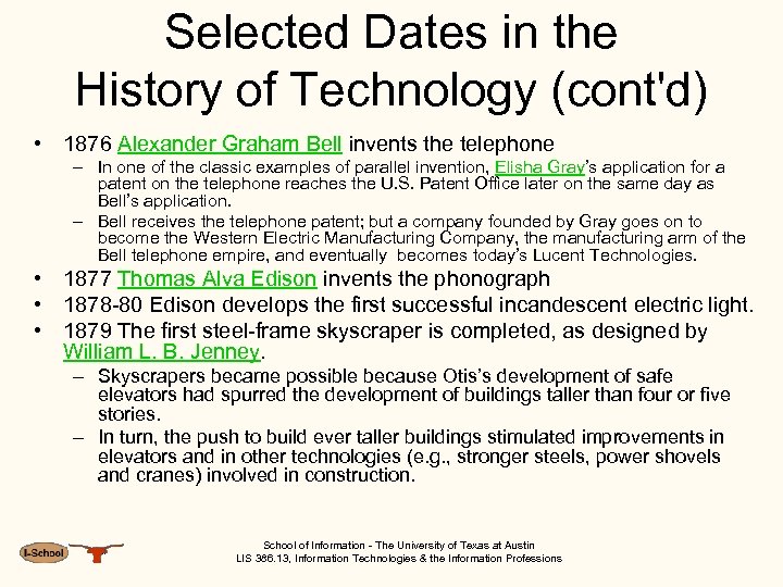Selected Dates in the History of Technology (cont'd) • 1876 Alexander Graham Bell invents