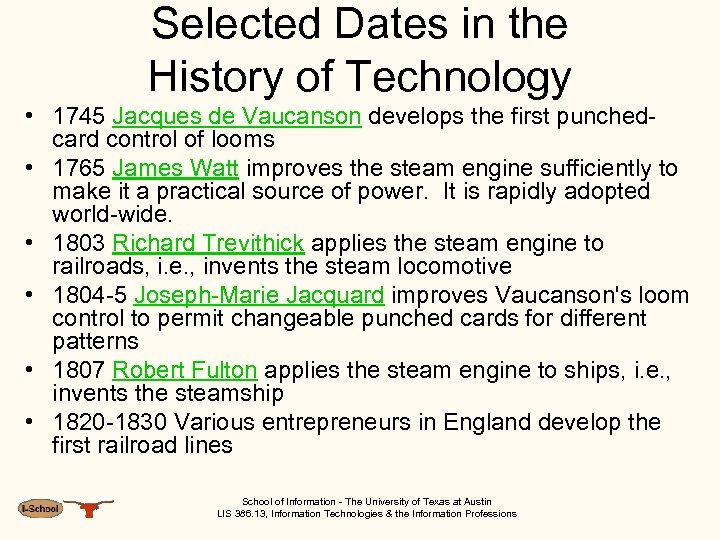 Selected Dates in the History of Technology • 1745 Jacques de Vaucanson develops the