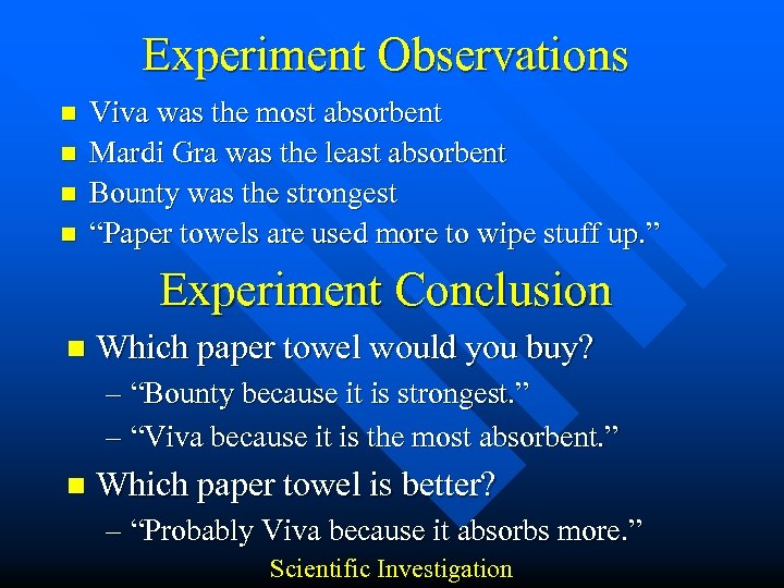 Experiment Observations n n Viva was the most absorbent Mardi Gra was the least