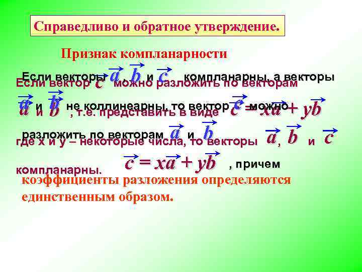 Справедливо и обратное утверждение. Признак компланарности ca b c Если векторы , и компланарны,