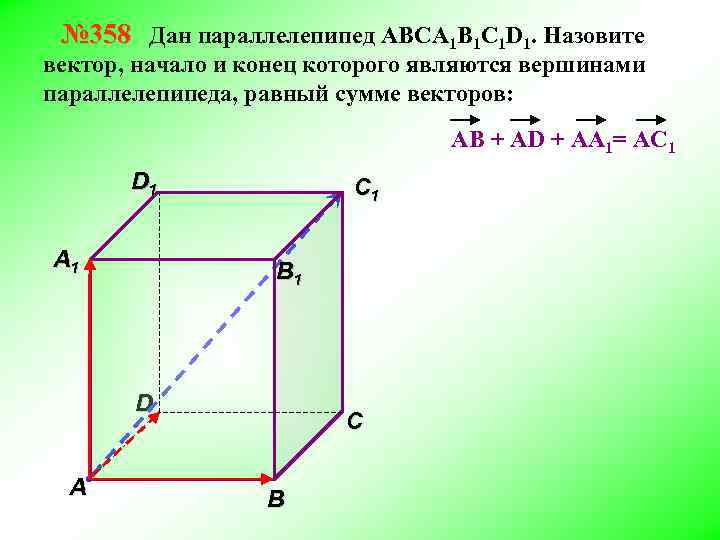 № 358 Дан параллелепипед АВСA 1 B 1 C 1 D 1. Назовите вектор,