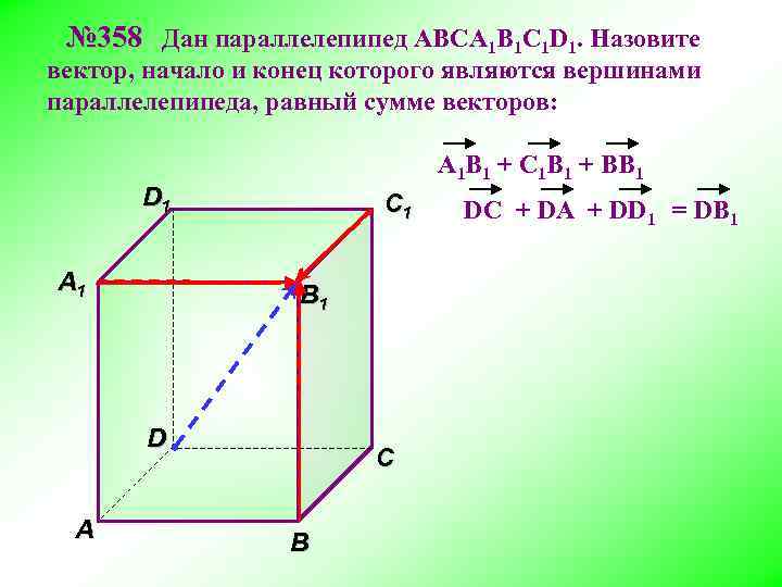 № 358 Дан параллелепипед АВСA 1 B 1 C 1 D 1. Назовите вектор,