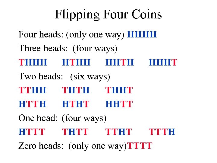 Flipping Four Coins Four heads: (only one way) HHHH Three heads: (four ways) THHH