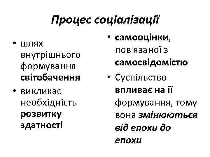Процес соціалізації • шлях внутрішнього формування світобачення • викликає необхідність розвитку здатності • самооцінки,