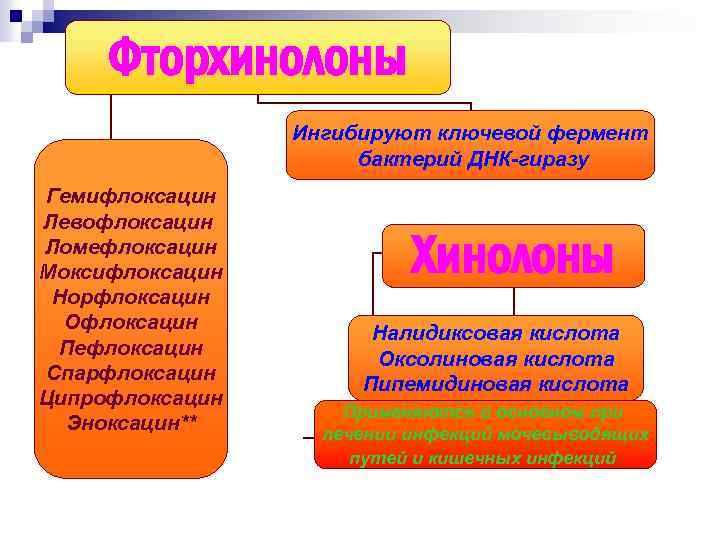 Фторхинолоны Ингибируют ключевой фермент бактерий ДНК-гиразу Гемифлоксацин Левофлоксацин Ломефлоксацин Моксифлоксацин Норфлоксацин Офлоксацин Пефлоксацин Спарфлоксацин