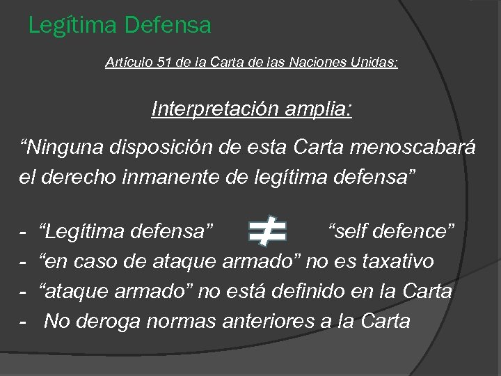 Legítima Defensa Artículo 51 de la Carta de las Naciones Unidas: Interpretación amplia: “Ninguna