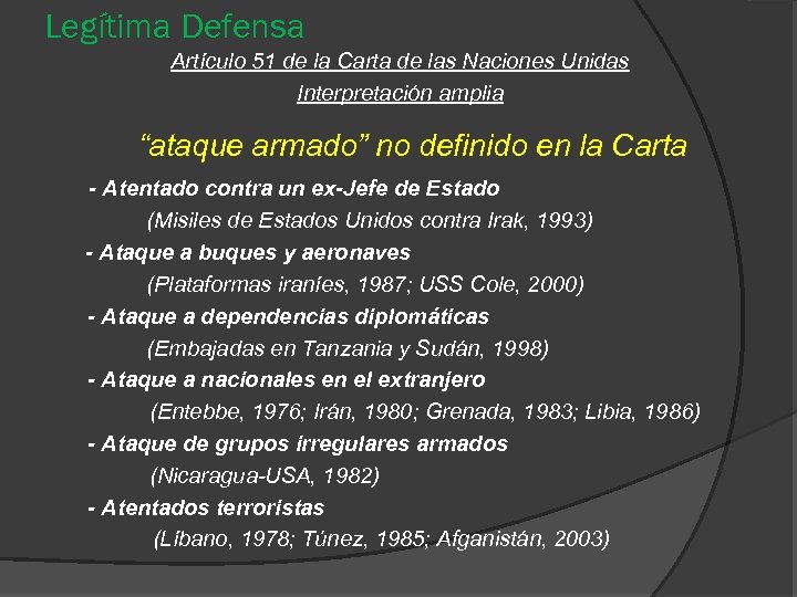 Legítima Defensa Artículo 51 de la Carta de las Naciones Unidas Interpretación amplia “ataque