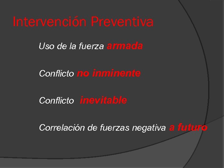 Intervención Preventiva Uso de la fuerza armada Conflicto no inminente Conflicto inevitable Correlación de