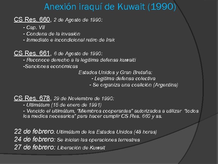 Anexión iraquí de Kuwait (1990) CS Res. 660, 2 de Agosto de 1990: -