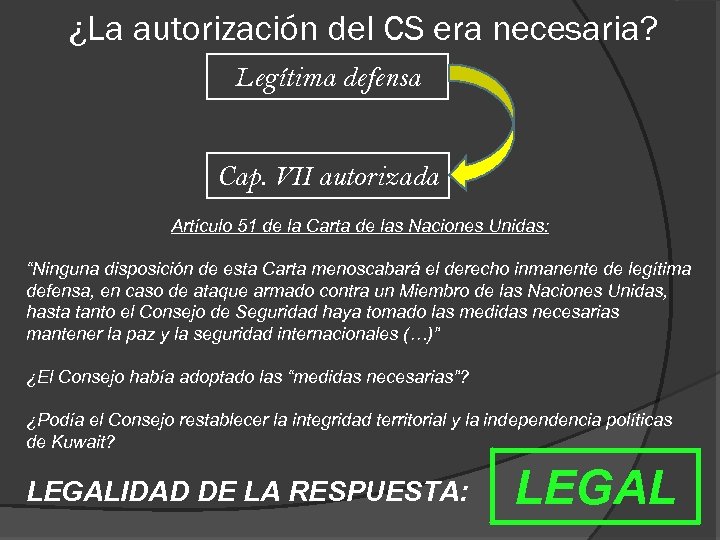 ¿La autorización del CS era necesaria? Legítima defensa Cap. VII autorizada Artículo 51 de