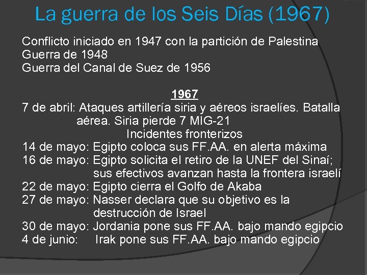 La guerra de los Seis Días (1967) Conflicto iniciado en 1947 con la partición