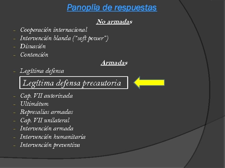 Panoplia de respuestas No armadas - Cooperación internacional Intervención blanda (“soft power”) Disuasión Contención