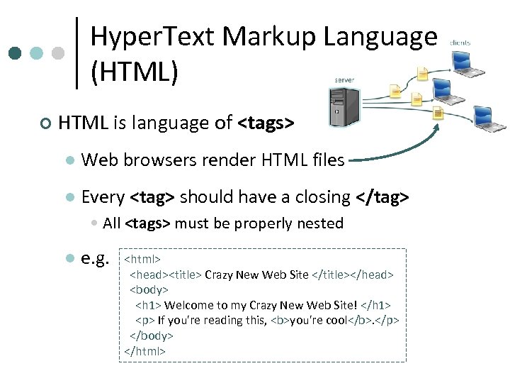 Hyper. Text Markup Language (HTML) ¢ HTML is language of <tags> l Web browsers